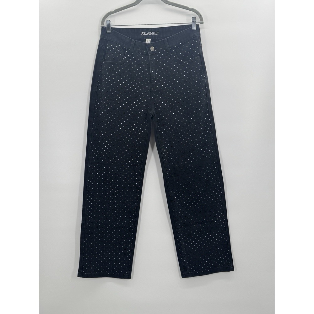 Blue Asphalt M Black Rhinestone Studded Wide Leg Jeans Glam Baddies Going Out